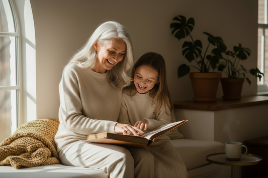 A grandmother and grandchild looking at an old family photo album. 